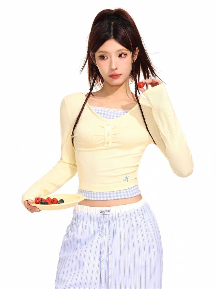 Korean design lace plaid lace spliced ​​long-sleeved T-shirt for women