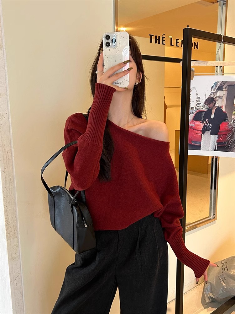Shipped, slim one-shoulder sweater for women 2025 spring new design, slanted shoulders and loose top