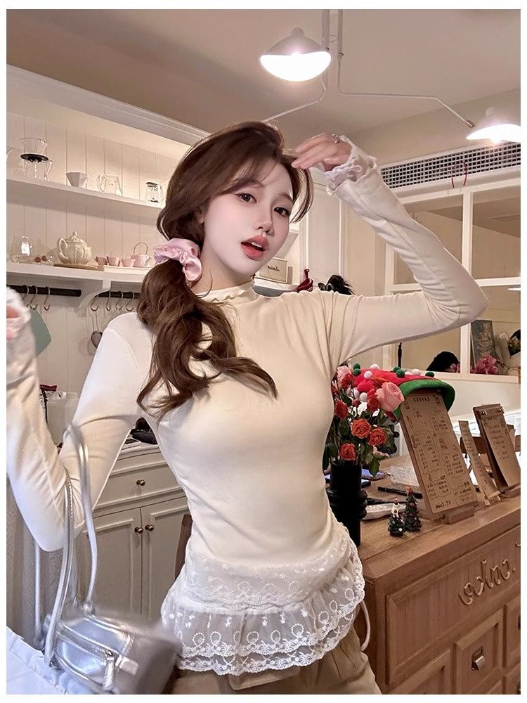 Shipped White Half-Turniture Lace Spliced ​​T-shirt Women's Autumn and Winter Base Shirt Underwear Short Top