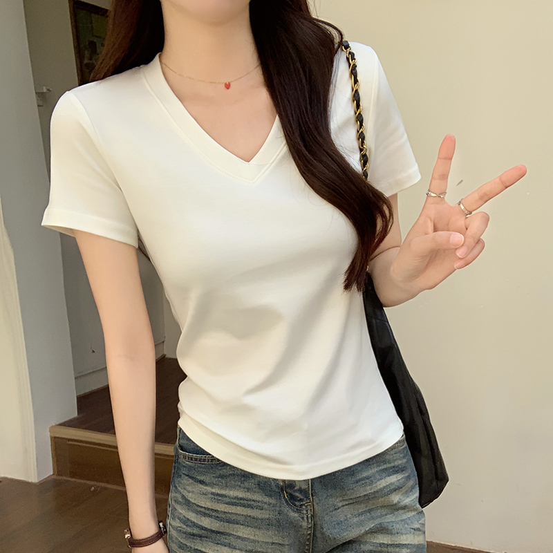 Real shot of 220g water soft double-sided short-sleeved T-shirt summer 2025 design short slim V-neck top Korean women's clothing
