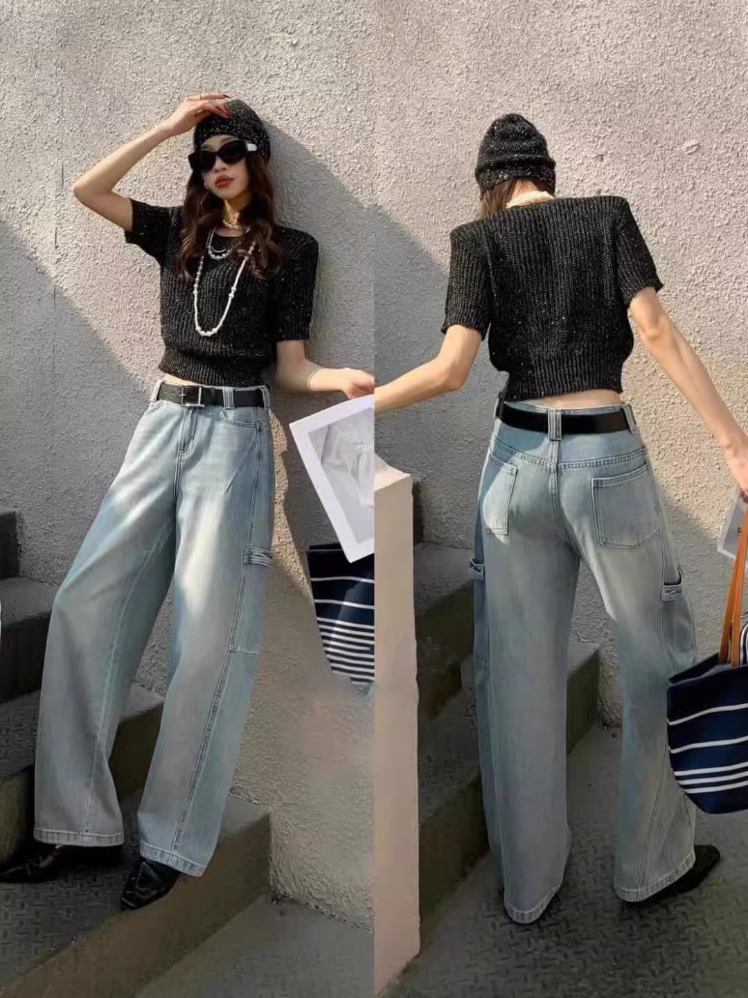 Light blue high waist wide-leg jeans for women in spring European goods retro washing loose slim casual sci-cut sci-cut sci-cut trousers