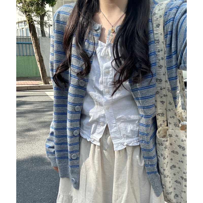 Shipped Striped Sweater Women's Spring and Autumn New Lazy Style Loose Niche Student Knitted Cardigan Top Coat