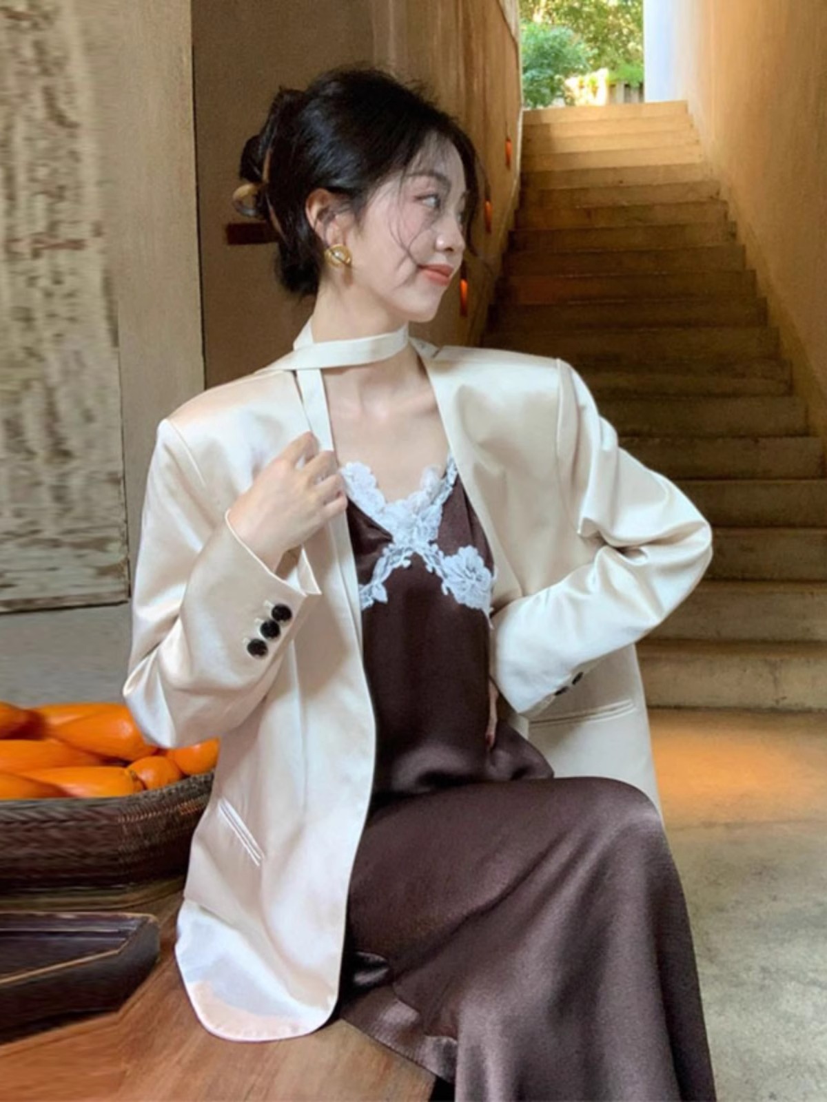 Shipped High-end style satin suit for women in spring and autumn 2025 fashionable draping and versatile commuting loose