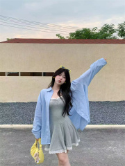 Has shipped Ootd Korean style mid-length striped shirt jacket summer thin women's shirt sunscreen