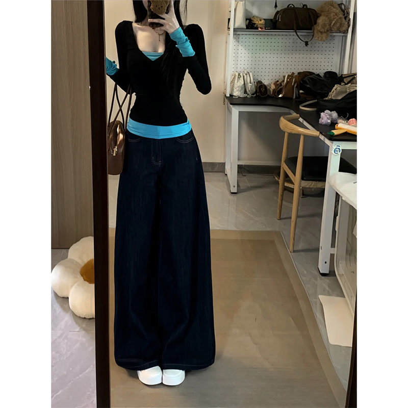 Has shipped American hot girl fake two-piece long-sleeved T-shirt for women in 2025 new style waist-hugging slim fit contrasting color splicing