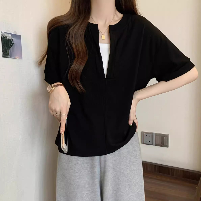 Shipped Fake two-piece short-sleeved T-shirt for women 2025 summer large size fat mm slimming and covering her belly unique top