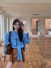 Shipped niche design French streamer shirt 2025 spring and autumn retro cute loose and thin