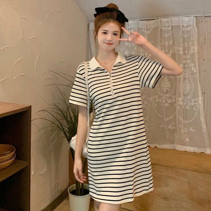 Shipped T-shirt skirt for women, summer short-sleeved loose mid-length Korean casual color-blocked striped polo dress