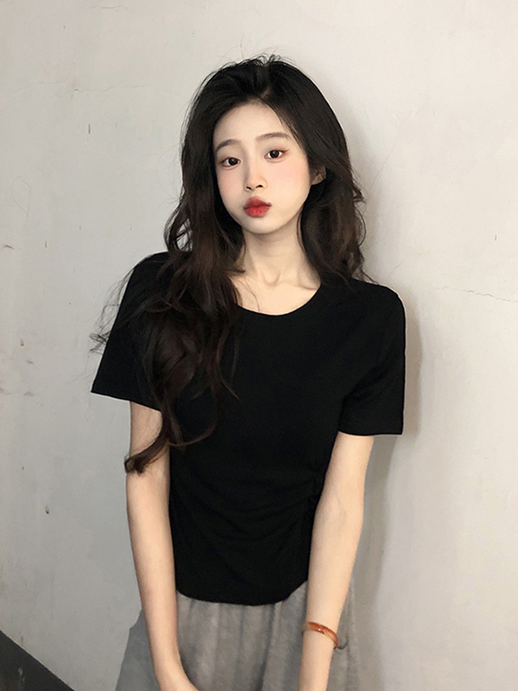 Shipped pure cotton 32-pin pull-up frame white pleated design short T-shirt in summer