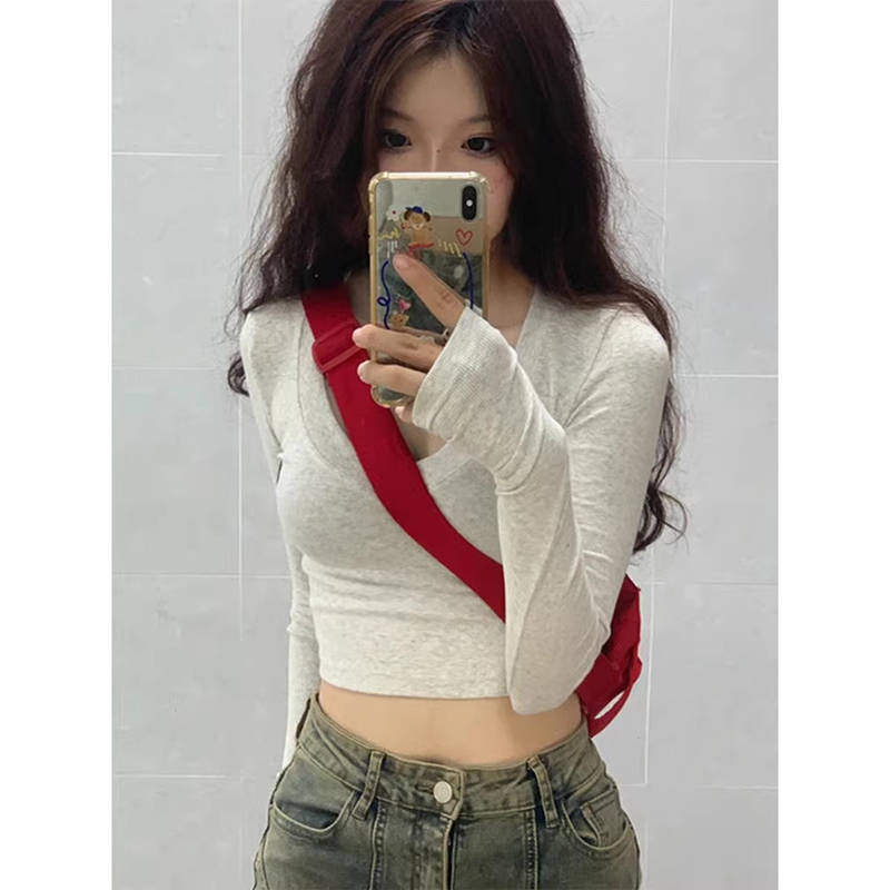 Shipped Official pictures + 40 cotton ribbed pure short base shirt top hot girl V-neck long-sleeved T-shirt