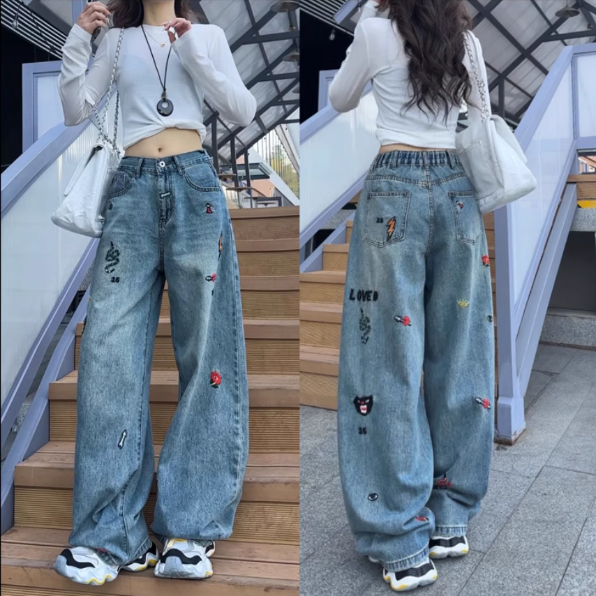 Blue embroidered jeans women's spring new style small straight pants fat mm large size loose scimitar wide-leg pants