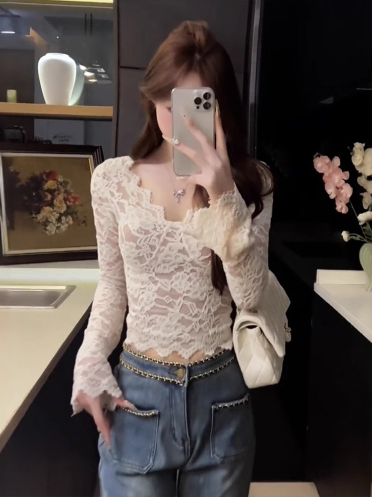 Shipped v-neck lace belt chest pad long sleeve base shirt feminine short slim lace top