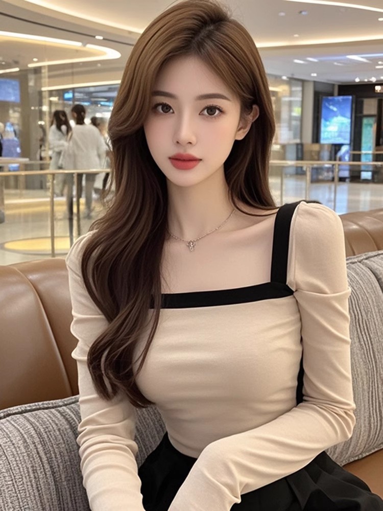 Shipped French gentle style contrasting square collar long sleeve base shirt for women