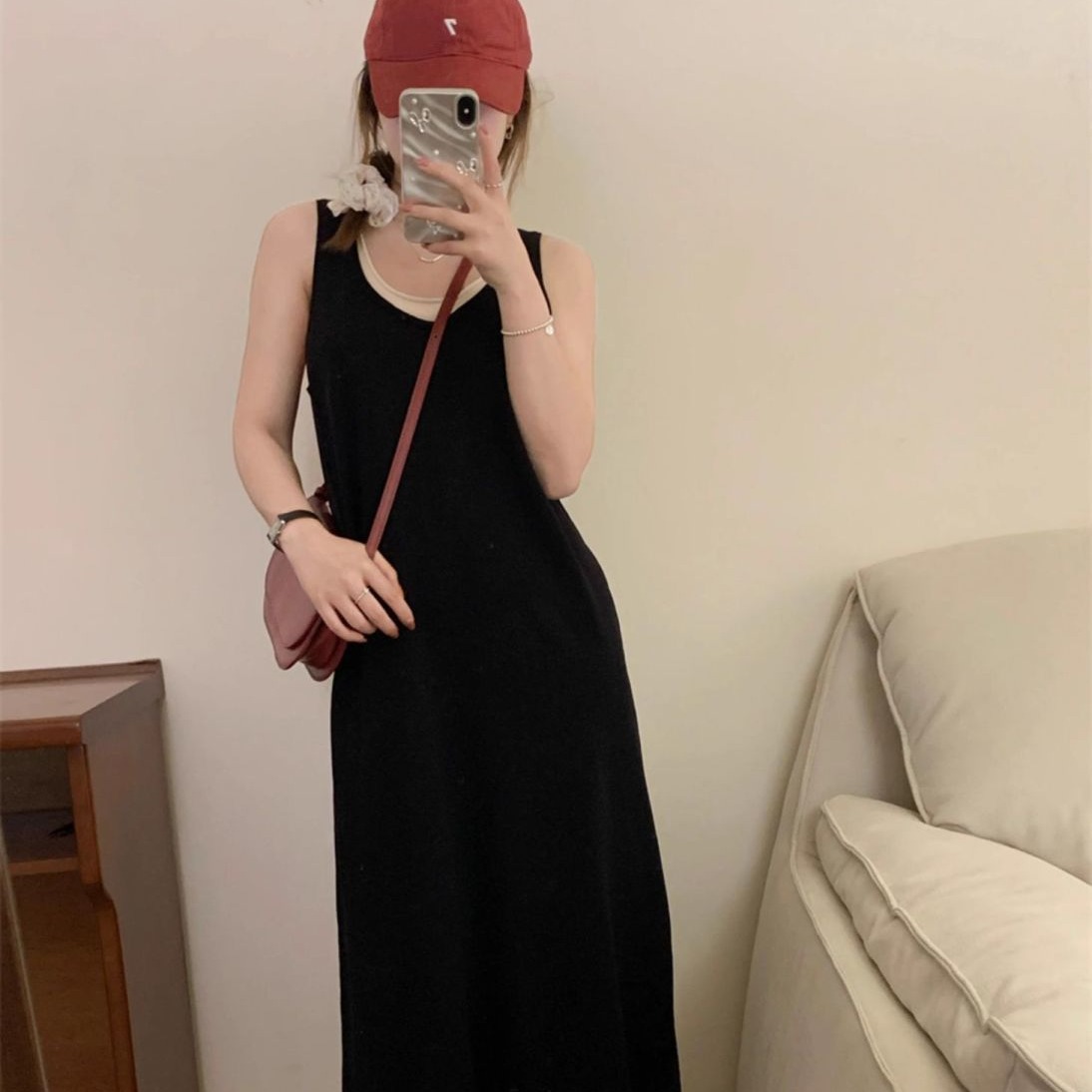 Shipped Striped Sleeveless Knitted Vest Straight Long Skirt Small Dress Paper Men Casual Style Skirt