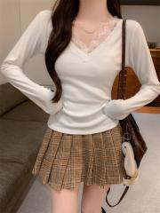 Has shipped Lace lace long-sleeved base T-shirt for women's autumn new pure slim V-neck top trendy