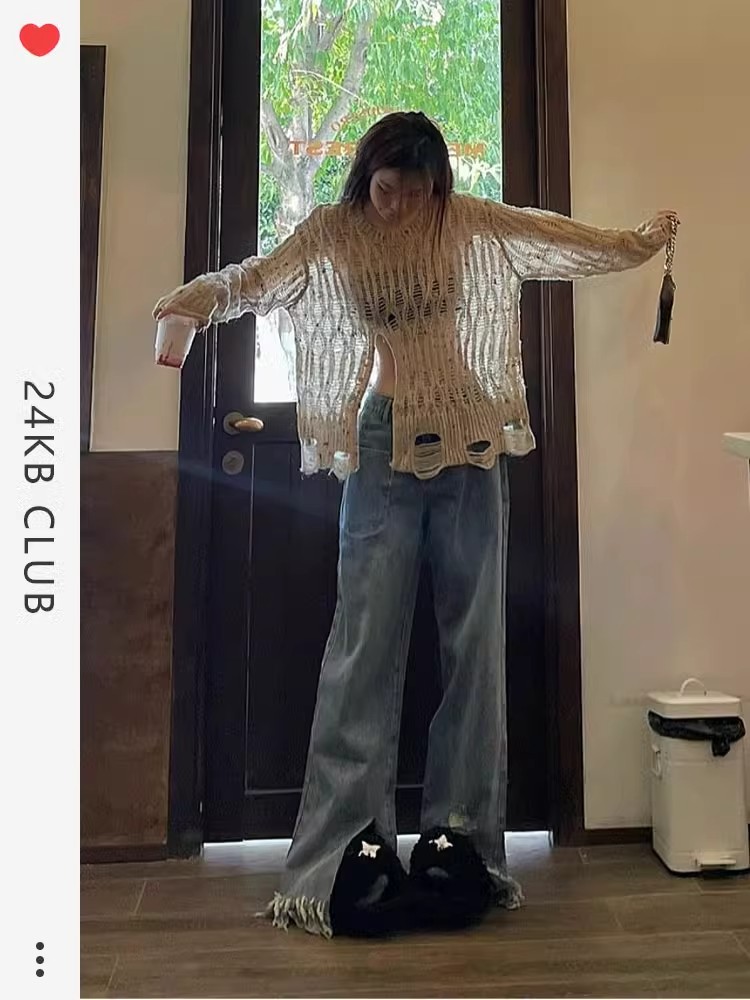 Shipped, Sweet and Desire Girl lazy style hollow slit thin wool sweater for women design loose top blouse