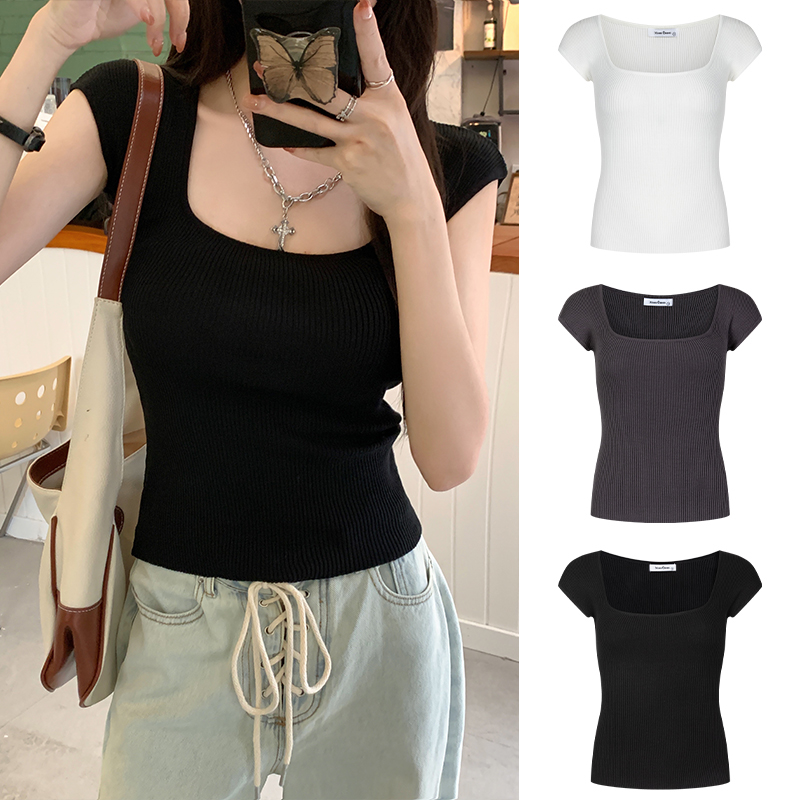 Real shot-New large neckline T-shirt for women slim body clothes knitted short-sleeved hot girl French pure luxury style high-end