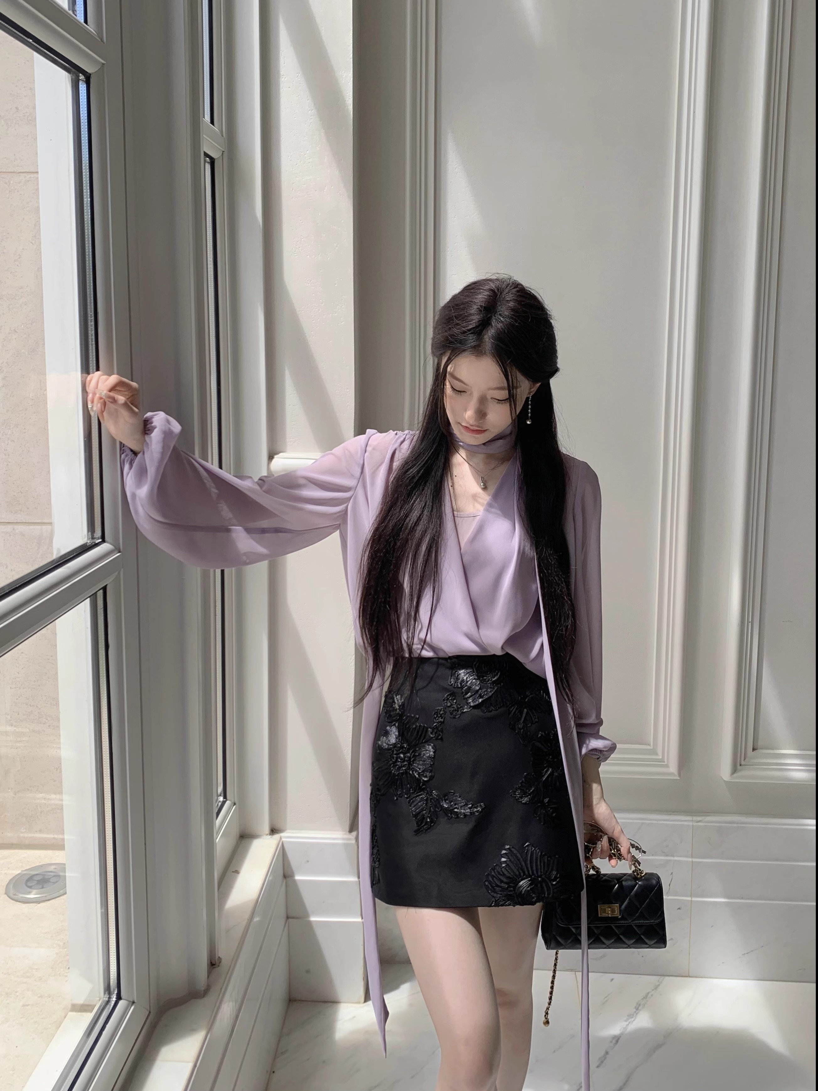 Shipped Cross V-neck Long Sleeve Shirt + Sling Spring 2025 New Grape Sparkling Water Purple Shirt