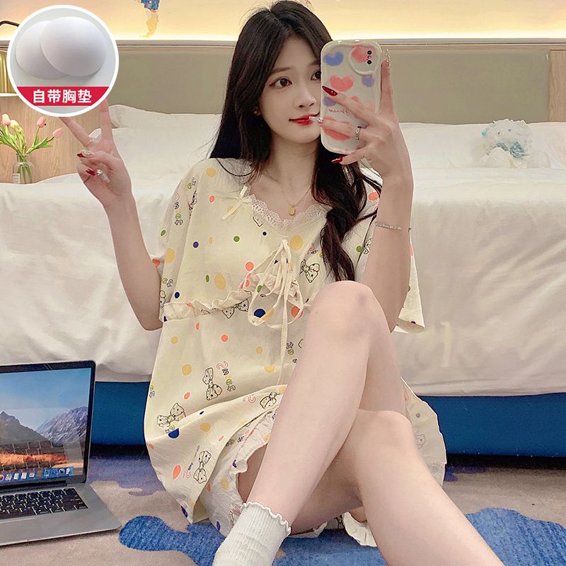 Summer cloud cotton with chest pad lace lace short-sleeved pajamas women's suit home clothes