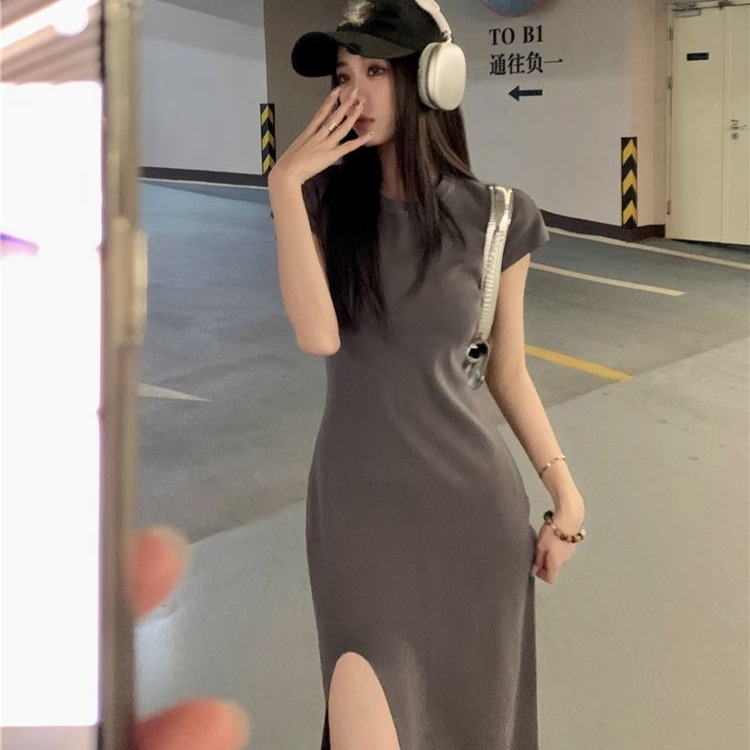 Shipped New style French dress for women pure desire high waist solid color slim knitted slit mid-length skirt