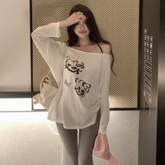 Shipped Official Photo + Original Production One-shoulder Printed Long Sleeve T-shirt Women's Spring Loose Sunscreen Shirt
