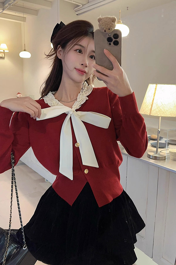 Shipped New bow tie long sleeve sweater top temperament sweater cardigan
