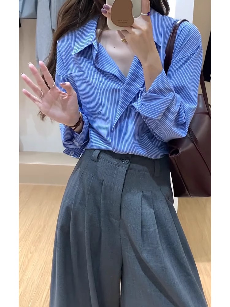 Has shipped Korean daily commuting outfit for women 2025 spring new blue striped shirt gray