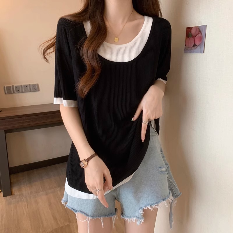 Shipped Short-sleeved T-shirt for women 2025 Niche Chic Splicing Ins Fake Two-piece Age-reducing Slimming Top