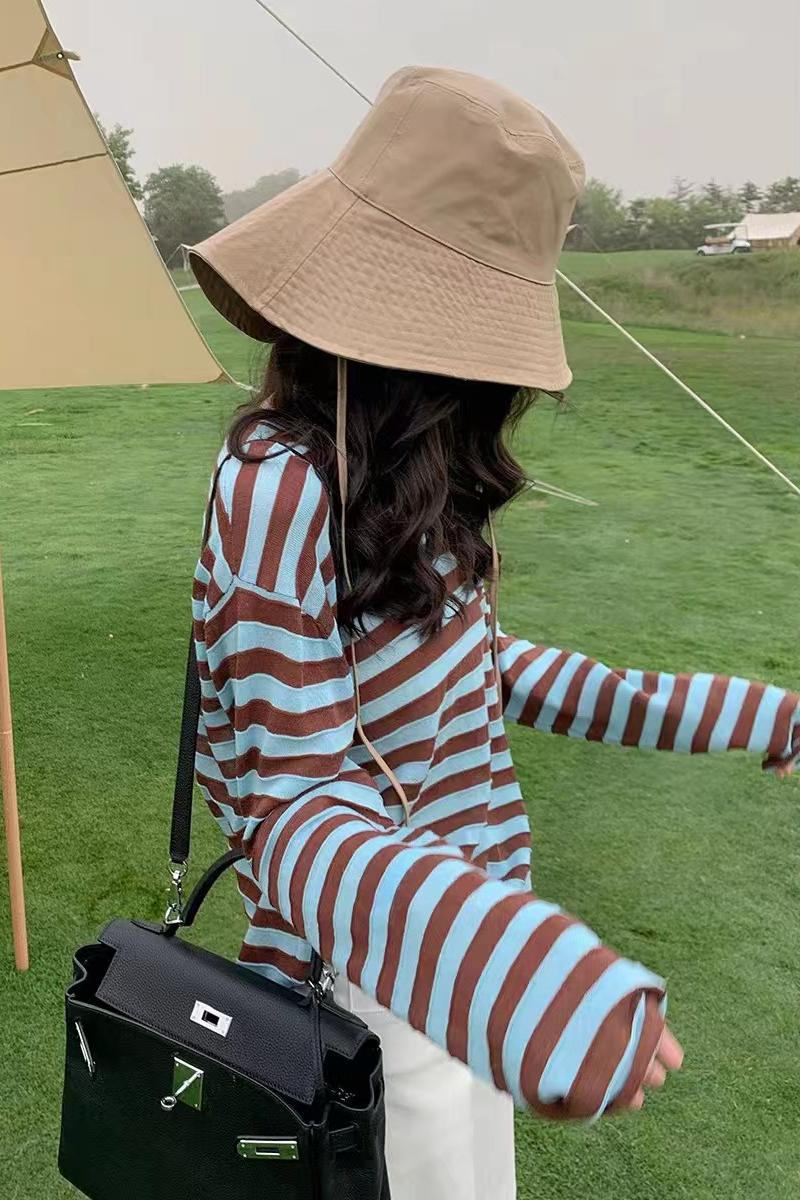 Shipped LICKYSENIOR ramie striped sweater summer thin sun protection loose top