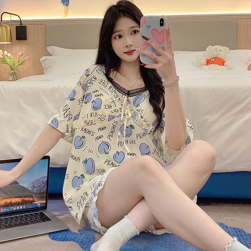 Summer cloud cotton with chest pad lace lace short-sleeved pajamas women's suit home clothes