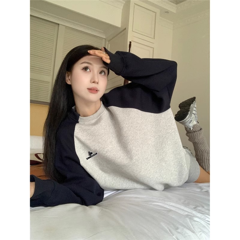 Shipped workmanship contrasting sweatshirt for women 2025 new mid-length round neck long sleeve loose women lazy style top