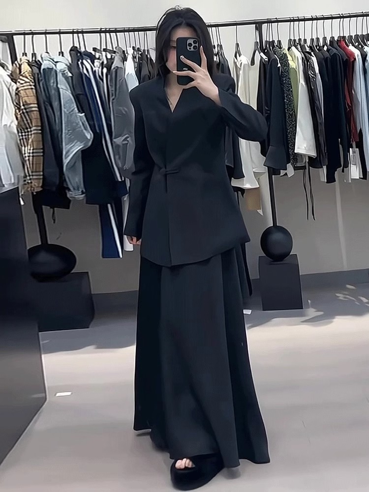 Shipped Design minimalist Chinese style fashion suit for women Spring and Autumn Temperament V-neck Suit Jacket High Waist A-line