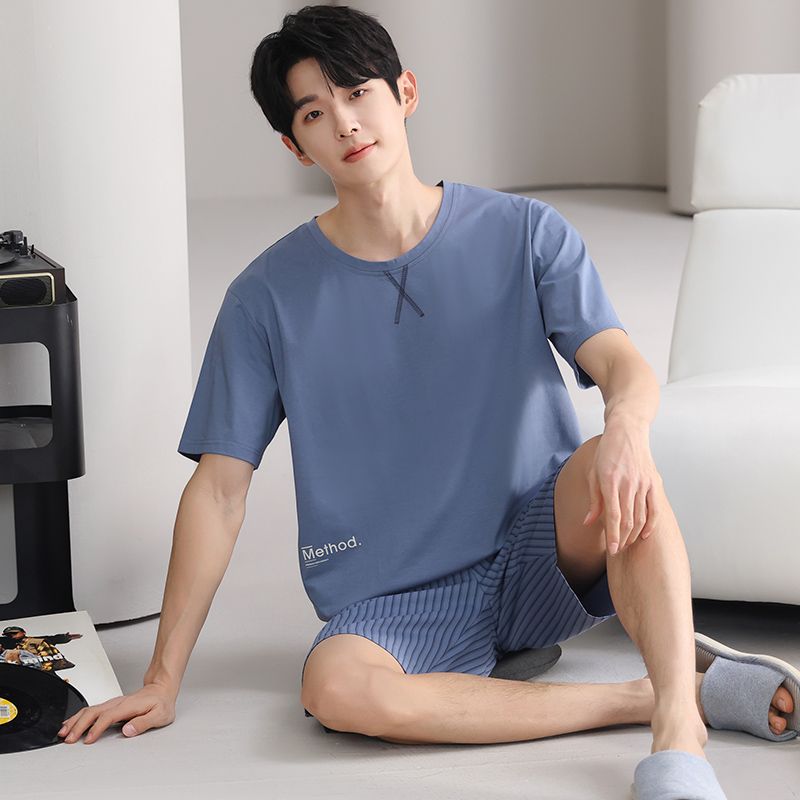 Summer pure cotton men's round neck short-sleeved pants pajamas men's suit casual and comfortable home clothes