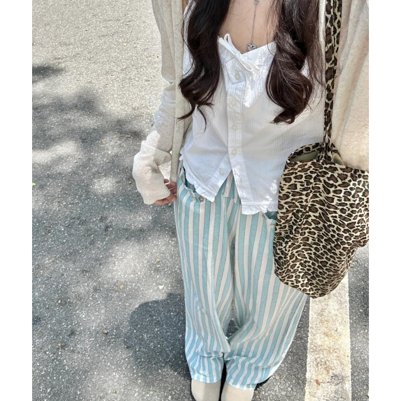 Shipped Striped casual pants for women 2025 spring loose high waist design straight wide-leg pants lazy style