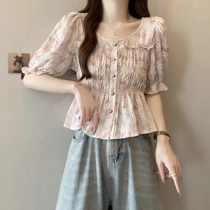 Shipped French small floral short-sleeved shirt for women, summer fat mm belly-covering waist-retracting puff sleeve top