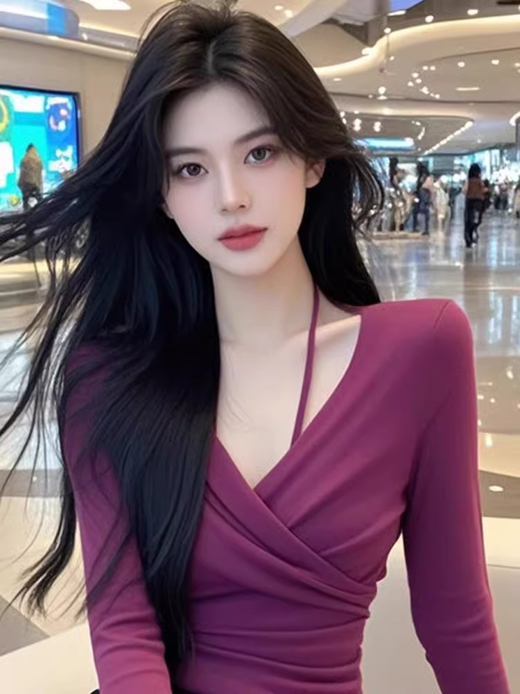 Shipped Pure V-neck cross-neck long-sleeved T-shirt for women autumn and winter temperament