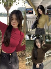 Has shipped half-high neck with long-sleeved T-shirt for women in winter slim fit pleated bottom shirt top