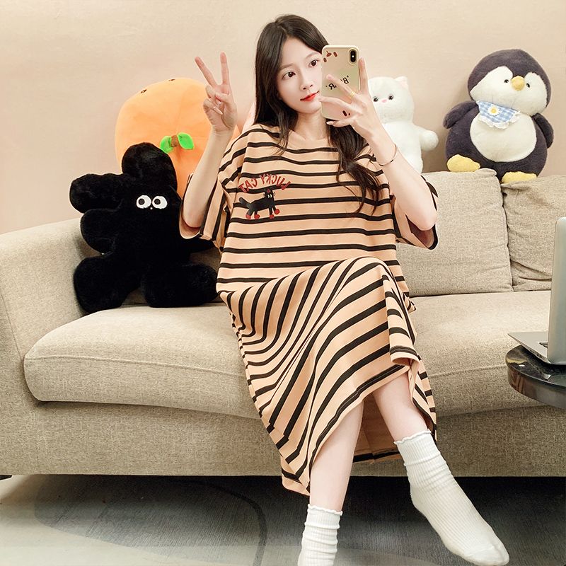 Summer tie-up imitation cotton round neck short-sleeved women's nightgown cartoon casual home clothing Korean style skirt