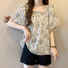 Shipped This year's popular doll shirt short-sleeved shirt for women's large size fat mm French beautiful floral top