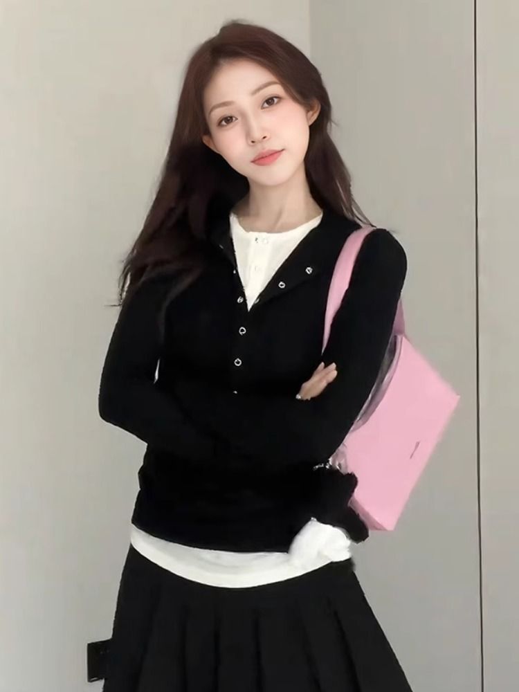Shipped, Coffee fake two-piece long-sleeved T-shirt for women in autumn and winter new style, underwear, hot girl slim body shirt