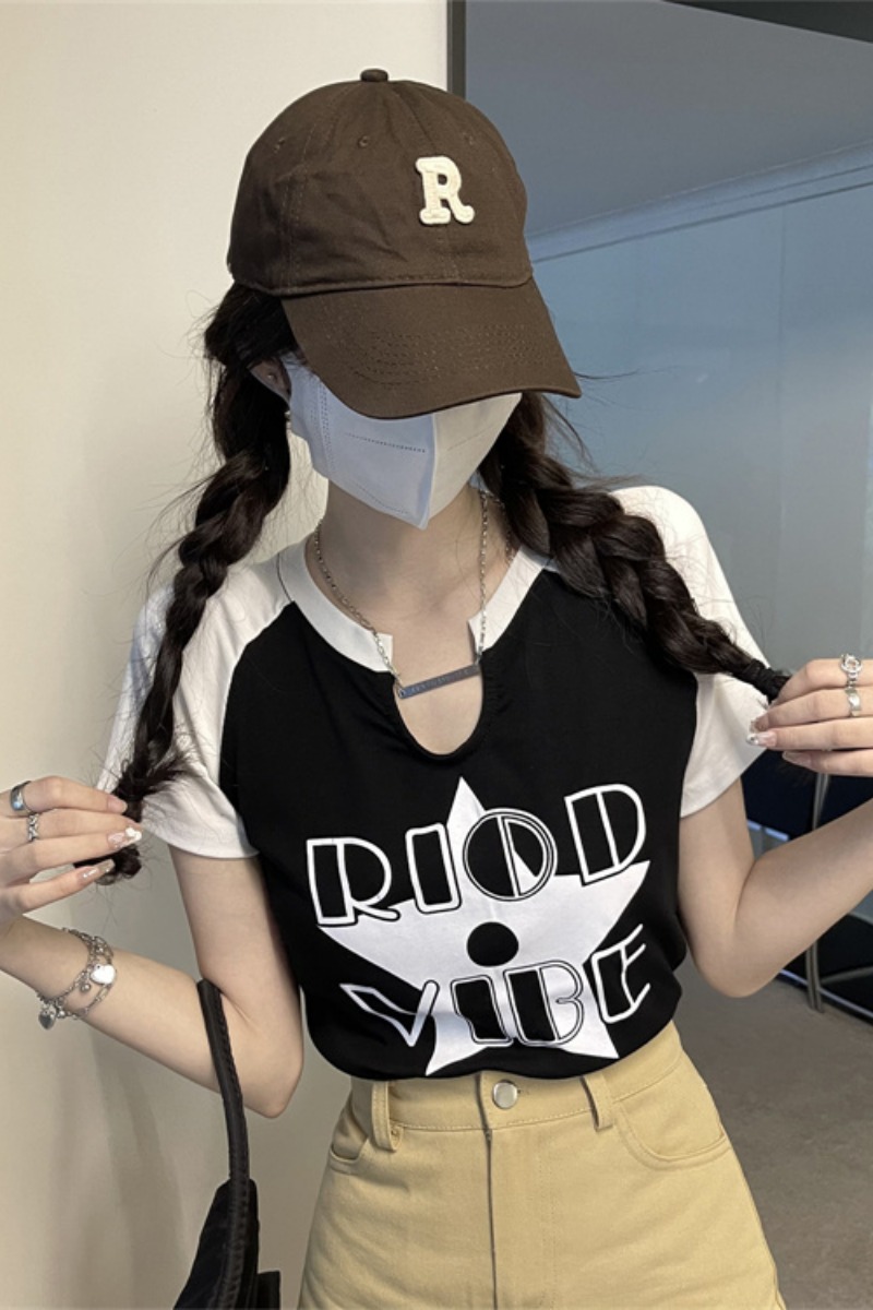 Shipped Pure cotton contrast raglan sleeves short-sleeved slim-fitting umbilical tops ins