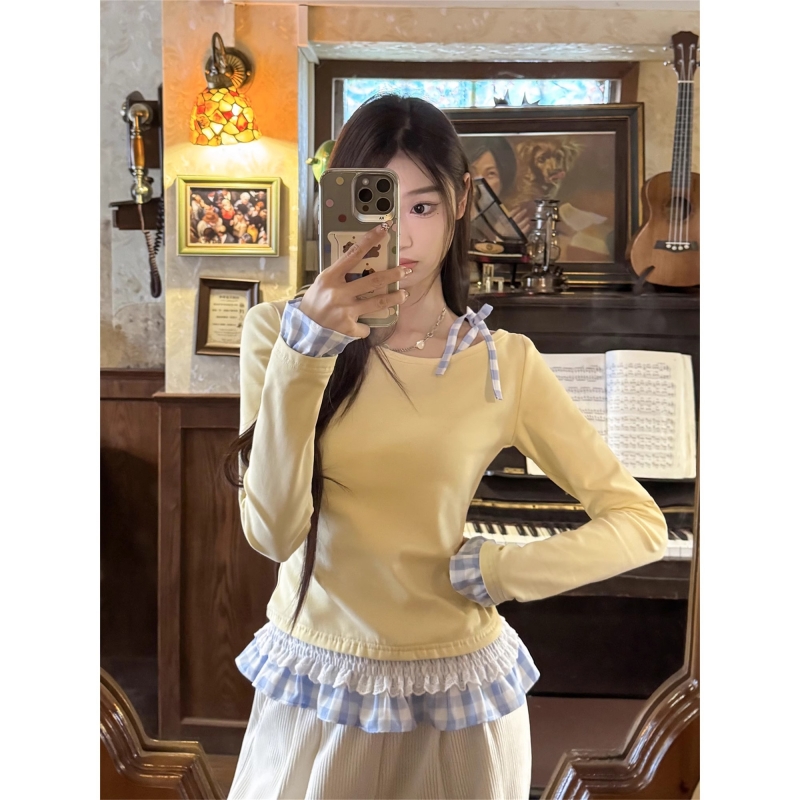 Shipped Fake two-piece long-sleeved T-shirt for women's spring niche lace splicing plaid inner bottom shirt top