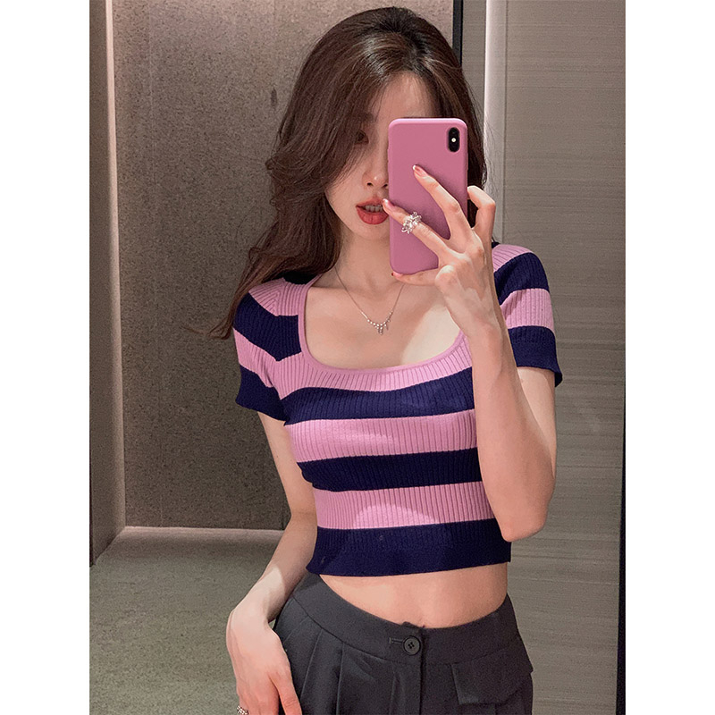 Shipped Knitted sweater ice silk short-sleeved T-shirt summer striped square collar short top 2025 new