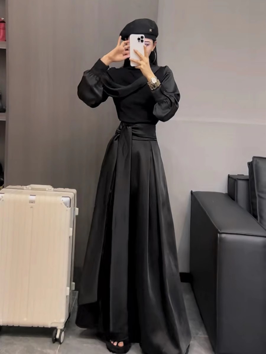 Shipped European station temperament 2025 Spring and Autumn new Hepburn style slim design long-sleeved top + high waist