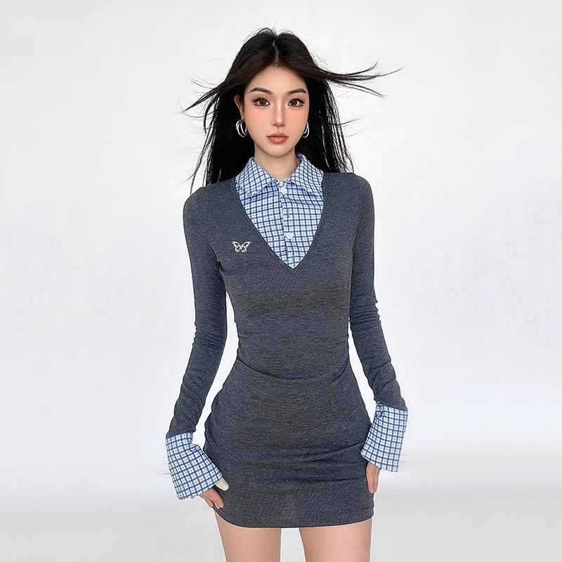 Shipped Gray checked spliced ​​POLO collar dress 2025 autumn college style hip-covered skirt