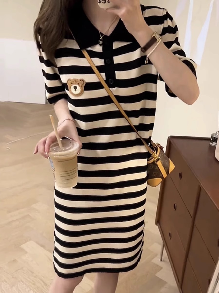 Shipped Summer Internet celebrity bear embroidered striped straight skirt loose medium-length short-sleeved T-shirt skirt