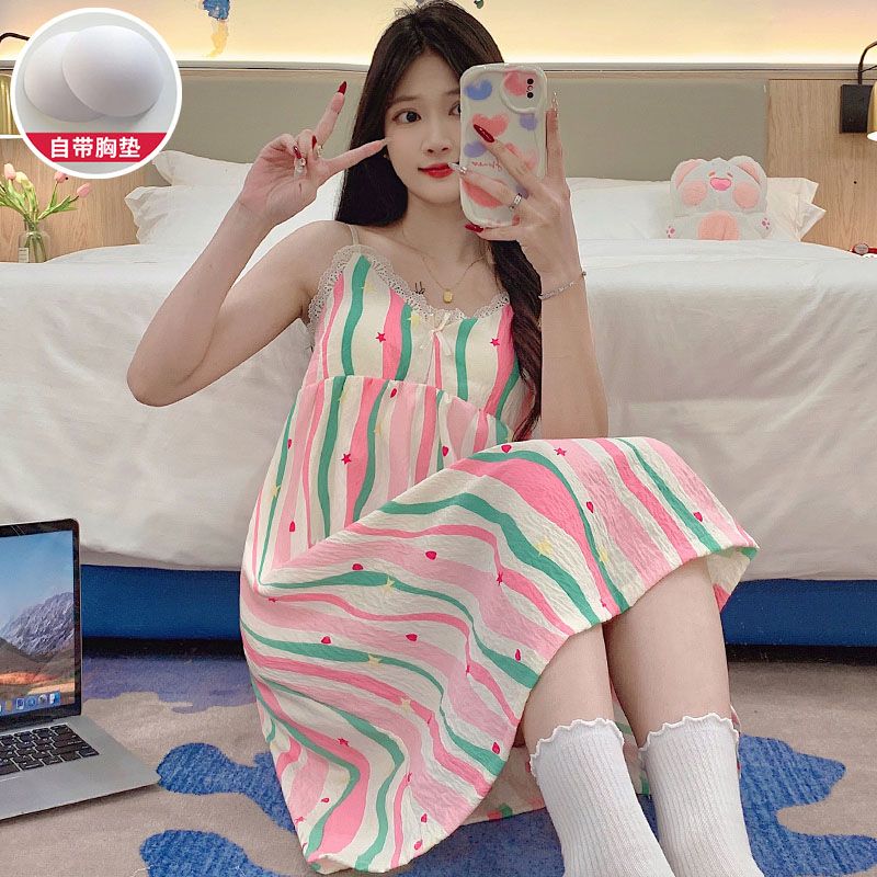 Summer cloud cotton with chest pad lace lace suspender nightgown for women's home clothes nightgown