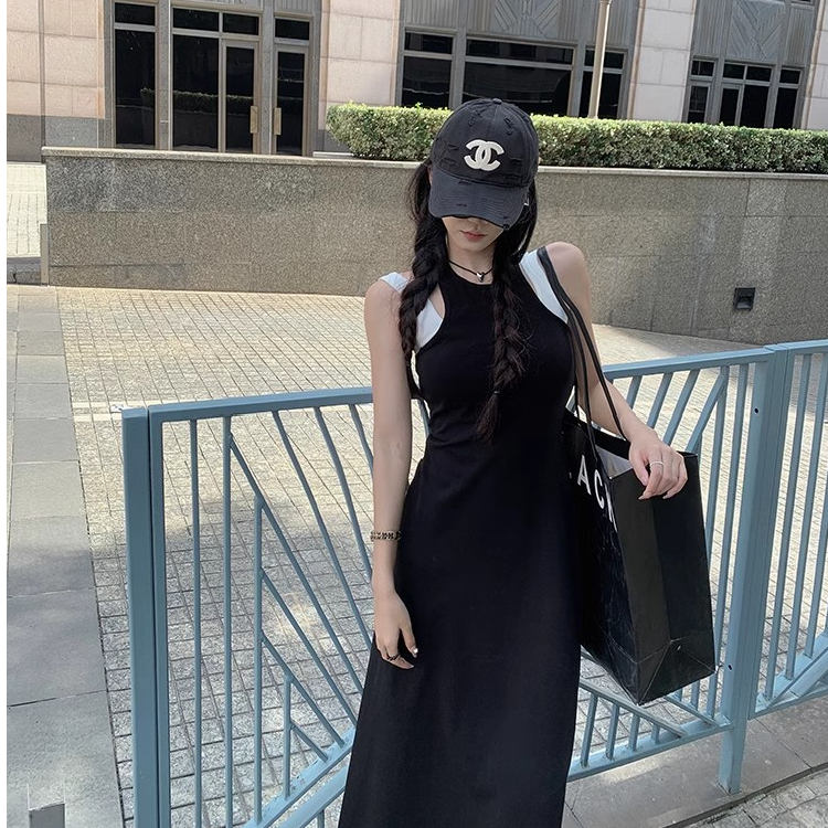 Shipped New Korean version simple casual contrasting color fake two-piece long knitted vest dress women's chic