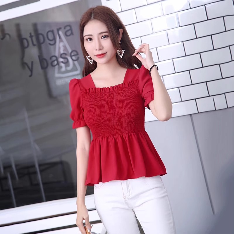 Shipped 2025 Korean new style skirt hem shirt waist scheming top design short-sleeved shirt