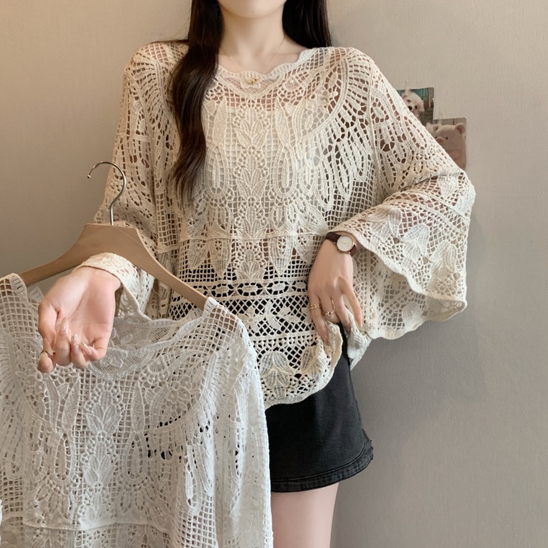 Real shot-2025 large-size women's summer new style fat girl fashionable age-reducing lace hook and hollow versatile blouse